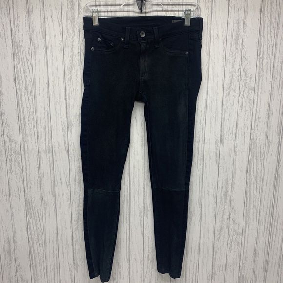 Womens Size 27 Rag & Bone Lamb Leather Front Jeans Black EUC - Picture 1 of 6
